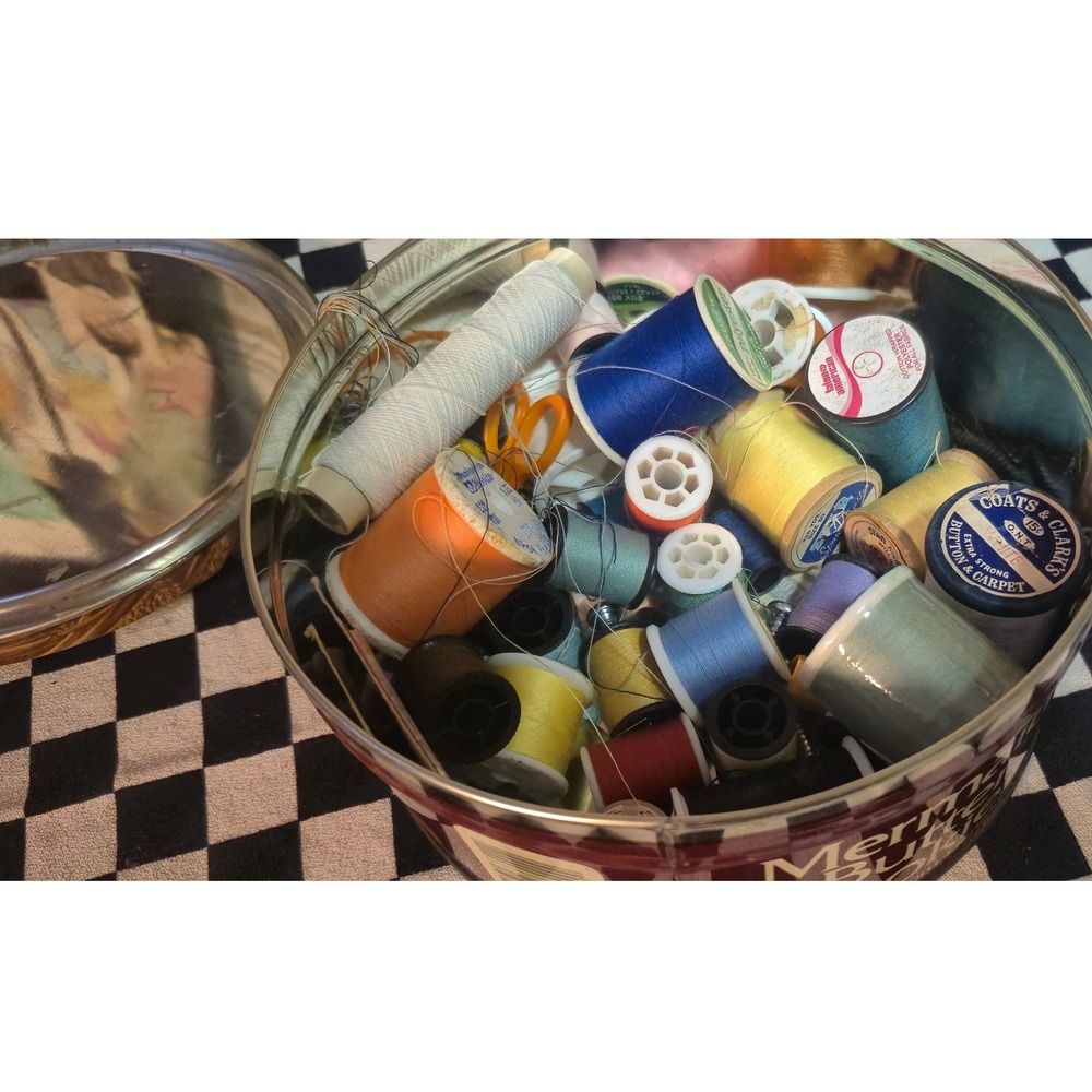 Vintage Sewing Kit Lot Thread Spools Needles Scissors Mermaid Butter Cookie Tin